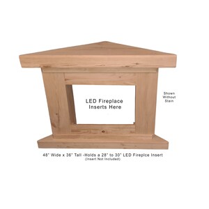 Custom free standing fireplace cabinet console to hold or mount an LED electric fireplace. TV stand with a fireplace heater. Handmade from solid pine wood in a farmhouse rustic country style. Corner unit to mount an LED insert.