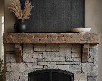 Solid Pine Wood Barn Beam Fireplace Mantel Rustic Hand Hewn Distressed Aged and Weathered Vintage Farmhouse Look Cut to Custom Size