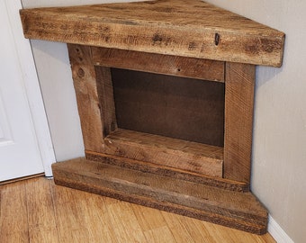 Custom Handmade Rustic Fireplace Corner Console to Hold LED Electric Insert Free Standing Solid Wood Mantel Farmhouse Country