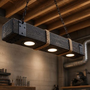May include: A rectangular dark wood beam pendant light fixture featuring three circular recessed LED lights. The beam is secured with black metal brackets at both ends and wrapped with two thick natural jute rope accents. It hangs from black chains.
