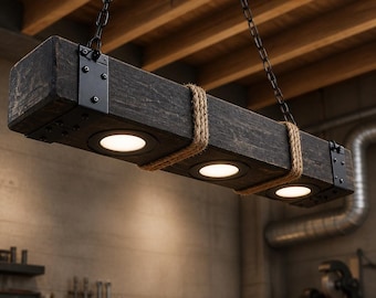 Rustic Wood Industrial Chandelier Lamp With a Reclaimed Barn Beam Look