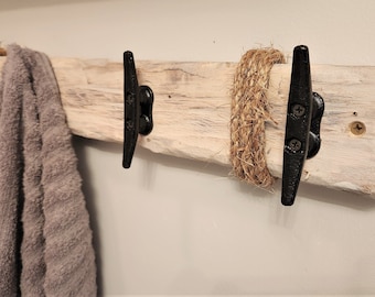 Coat or Towel Rack With Dock Cleats and a Whitewashed Nautical Rustic Coastal Weathered Beach Décor Theme