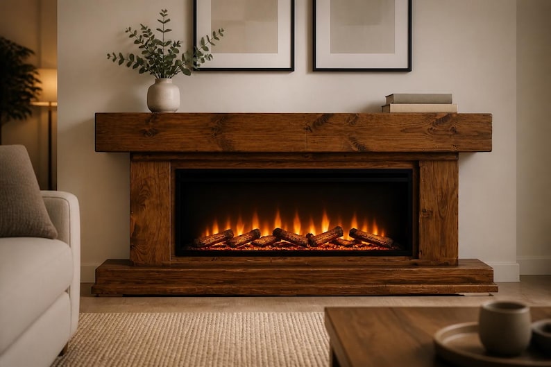 May include: A rectangular electric fireplace featuring a dark brown wood-grain finish mantel and base. The central firebox displays a glowing orange flame effect with artificial logs arranged horizontally across the bottom of the interior space.