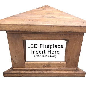 Custom free standing fireplace cabinet console to hold or mount an LED electric fireplace. TV stand with a fireplace heater. Handmade from solid pine wood in a farmhouse rustic country style. Corner unit to mount an LED insert.