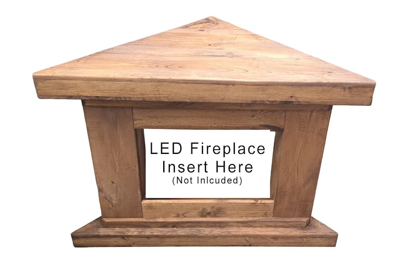 Custom free standing fireplace cabinet console to hold or mount an LED electric fireplace. TV stand with a fireplace heater. Handmade from solid pine wood in a farmhouse rustic country style. Corner unit to mount an LED insert.