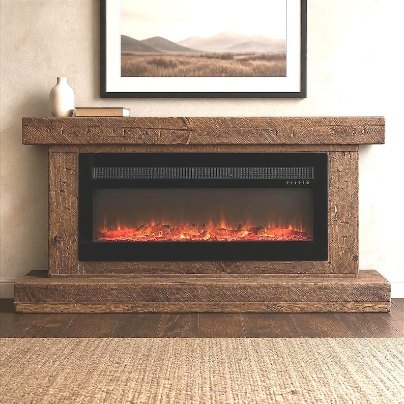 Rustic Farmhouse Wood Stand With Electric LED Fireplace and Heat image 2