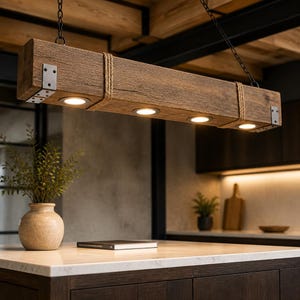 8" x 8" Rustic Wood Barn Beam Hanging Chandelier Pendant Lamp With Recessed LED Lights