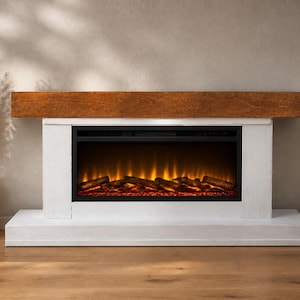 May include: An electric fireplace featuring a white rectangular base and surround with a thick, dark brown wooden mantelpiece. The fireplace insert displays a glowing orange flame effect with dark logs, providing a warm visual light source.