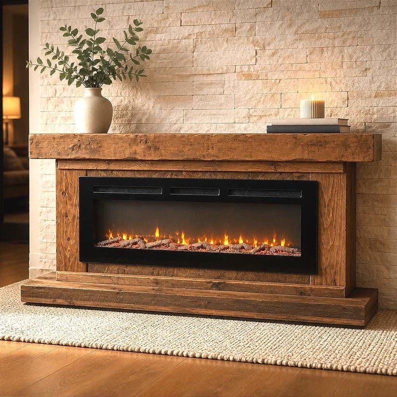 May include: A rustic wooden electric fireplace mantel with a dark brown finish and a black rectangular firebox insert featuring glowing orange flames and faux logs. A white ceramic vase with green eucalyptus branches sits on the mantel.
