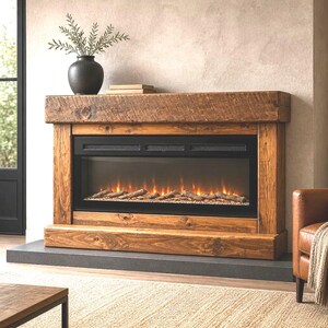 May include: An electric fireplace featuring a rustic, natural wood mantel and frame with a visible grain pattern. The unit includes a black metal insert with a glass front displaying a simulated orange flame effect over artificial logs.