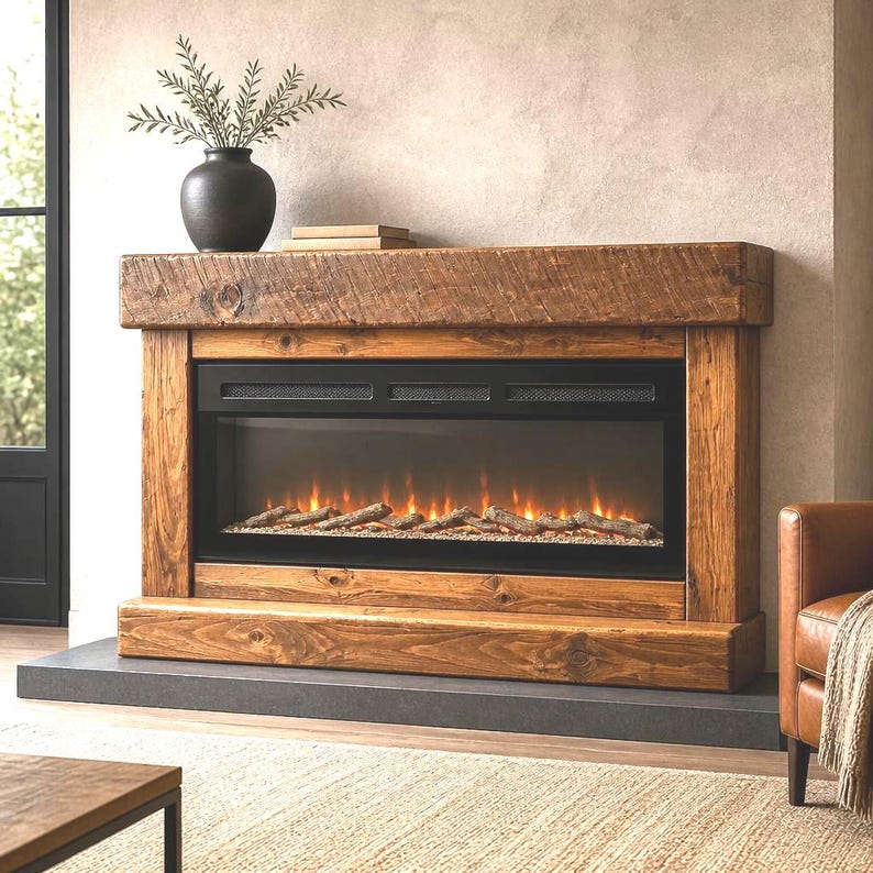 May include: An electric fireplace featuring a rustic, natural wood mantel and frame with a visible grain pattern. The unit includes a black metal insert with a glass front displaying a simulated orange flame effect over artificial logs.