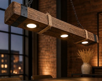 Rustic Wood Barn Beam Hanging Chandelier Pendant Lamp With Recessed LED Lights
