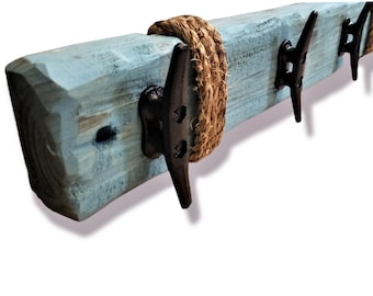 Nautical Rustic Coat Hat or Towel Rack Vintage Teal With Rustic Dock Cleats Weathered Distressed Wood Coastal