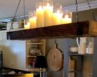 Custom Candle Chandelier LED Lamp Light Farmhouse Rustic Barn Beam Look Farmhouse Country Style Home Décor Hand Hewn Primitive Wood