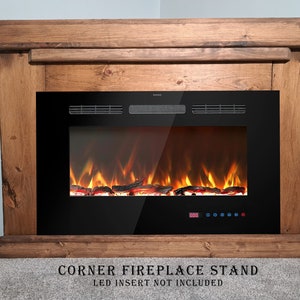 Custom free standing fireplace cabinet console to hold or mount an LED electric fireplace. TV stand with a fireplace heater. Handmade from solid pine wood in a farmhouse rustic country style. Corner unit to mount an LED insert.