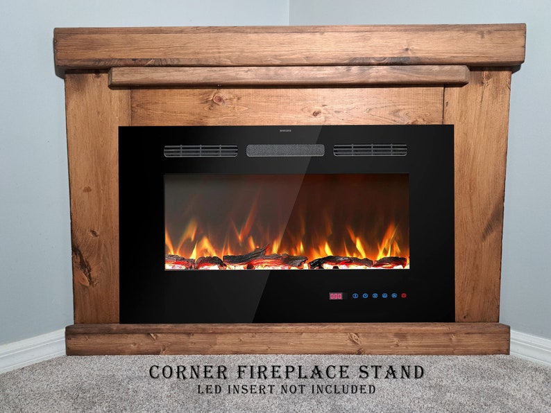 Custom free standing fireplace cabinet console to hold or mount an LED electric fireplace. TV stand with a fireplace heater. Handmade from solid pine wood in a farmhouse rustic country style. Corner unit to mount an LED insert.