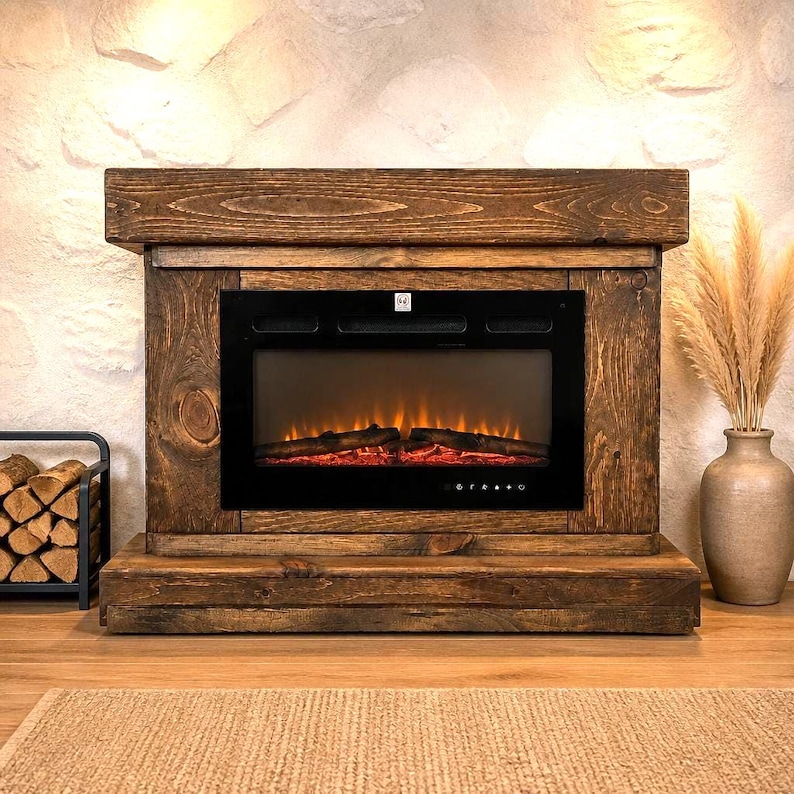 May include: An electric fireplace featuring a dark brown stained wooden mantel and base with a black glass front displaying a simulated orange flame effect over glowing logs, positioned on a light-colored floor with a textured rug in the foreground.