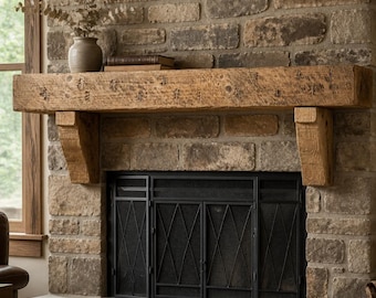 Custom Rustic Wood Floating Mantel: Hand Hewn Barn Beam Farmhouse Log Cabin Décor