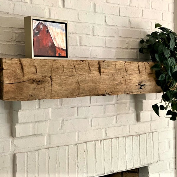 Custom Size Rustic Wood Fireplace Mantel Hand-Hewn Barn Beam Look Mantle Farmhouse Country Rustic Log Cabin Décor Distressed Aged Weathered