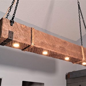 Rustic Barn Beam Hanging Chandelier Lamp  With Recessed LED Lights & Black Chains Distressed Wood Farmhouse Barn Beam Look Country Style