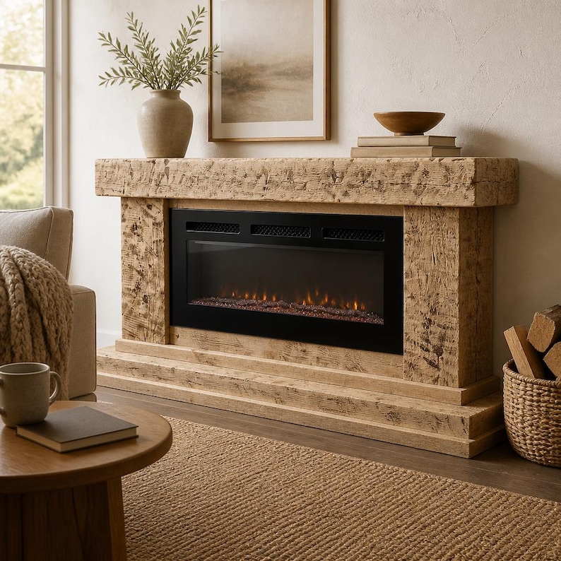 May include: A rectangular electric fireplace featuring a textured, light brown wood-look mantel and base. The fireplace insert is black with a glass front, displaying glowing orange embers and flames within the center of the unit.