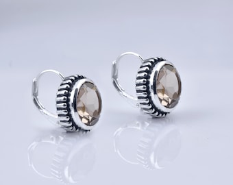Boucles D'oreilles Dormeuses Argent 925 Quartz Fumé - Style Art Nouveau Ancien - Occasion