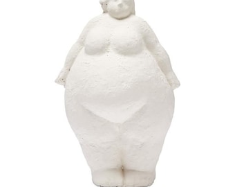 May include: White ceramic sculpture of a standing figure with a rounded body and a simple face.