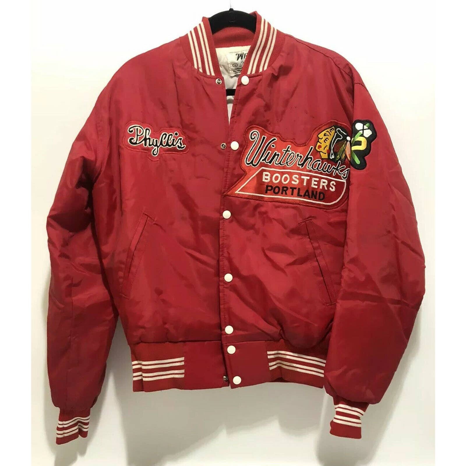 Vintage 80s Starter NHL Chicago Blackhawks Red Satin Bomber Jacket Small