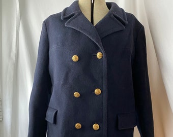 M | Vintage German-Austrian navy wool pea coat with brass naval buttons and plaid wool lining