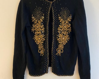 S-M  | AS-IS Vintage cashmere black beaded cardigan sweater with gold beadwork