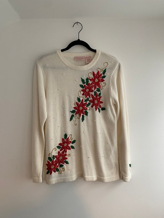 M | Beaded "ugly" Christmas sweater with poinsetti