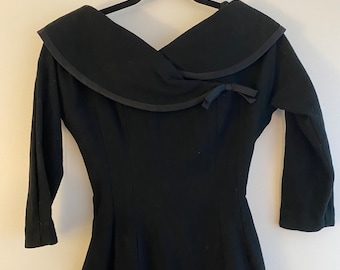 XXS | Early 60s black wool wiggle dress with portrait neckline - 24" waist
