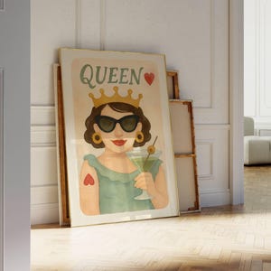 Queen of Hearts Martini - Stampa artistica digitale vintage, retrò, di carte da gioco, alla moda e moderna