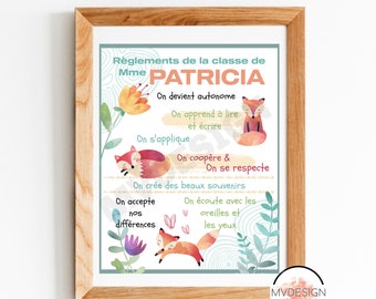 Class rules poster, fox, useful and aesthetic, special for teacher, educator, original and in French - wall gift