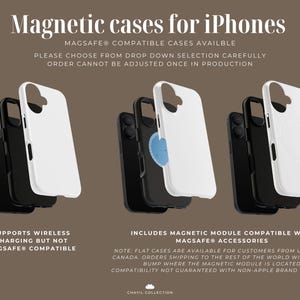 May include: Image of magnetic cases for iPhones in black and white. The text on the image says "Magnetic cases for iPhones" and "Supports wireless charging but not MagSafe compatible."