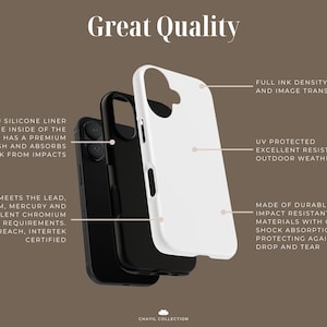 May include: An image of a phone case, broken down to show its components. The white outer shell is UV protected and impact-resistant. The black inner case has a TPU silicone liner for shock absorption. Text highlights the case's quality and safety certifications.