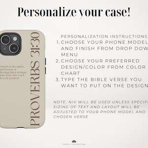 Puede incluir: Una funda de tel&eacute;fono beige con el texto PROVERBS 31:30 y el vers&iacute;culo Charm is deceptive, and beauty is fleeting; but a woman who fears the Lord is to be praised. La imagen incluye instrucciones de personalizaci&oacute;n y el texto Personalize your case!