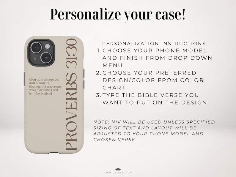 Puede incluir: Una funda de tel&eacute;fono beige con el texto PROVERBS 31:30 y el vers&iacute;culo Charm is deceptive, and beauty is fleeting; but a woman who fears the Lord is to be praised. La imagen incluye instrucciones de personalizaci&oacute;n y el texto Personalize your case!