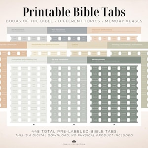 Puede incluir: Pestañas de Biblia imprimibles con varios temas y versículos de memoria. La imagen muestra varias hojas con pestañas preetiquetadas en diferentes colores, incluyendo beige, gris y verde. El texto dice "Libros de la Biblia" y "448 pestañas bíblicas preetiquetadas en total".