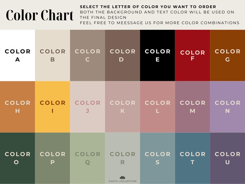 May include: Color chart with a variety of color swatches labeled A through U. The chart includes a range of colors, from white and beige to black, red, and various shades of brown, pink, green, and blue. Text at the top explains how to order colors.