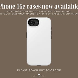 May include: White iPhone 16e case with a black camera lens cutout. The text "iPhone 16e cases now available!" is at the top, with additional text below. The case is on a brown background. The text "PLEASE REACH OUT TO ORDER!" is at the bottom.