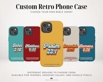 May include: Five phone cases in teal, red, yellow, beige, and dark blue, each featuring a Bible verse in a retro-style font. The text reads Custom Retro Phone Case, Choose Your Own Bible Verse, and Different designs to choose from.