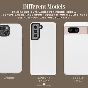 May include: Three white phone cases are displayed, showcasing different models: iPhone, Samsung Galaxy, and Google Pixel. The image includes text indicating camera cut-out variations and mockups available upon request. The cases are plain white.