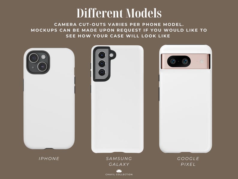 May include: Three white phone cases are displayed, showcasing different models: iPhone, Samsung Galaxy, and Google Pixel. The image includes text indicating camera cut-out variations and mockups available upon request. The cases are plain white.
