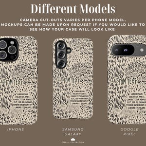 May include: Phone cases with a floral design in black and beige. The cases are for iPhone, Samsung Galaxy, and Google Pixel models. Each case has a space for custom text and includes the text "Different Models".