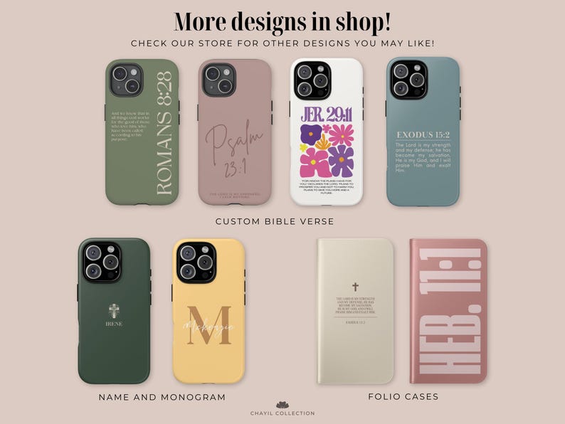May include: Collection of phone cases in various colors, including green, pink, and yellow. Some cases feature Bible verses, floral designs, and monograms. Text on the cases includes "ROMANS 8:28", "Psalm 23:1", "JER. 29:11", and "EXODUS 15:2".