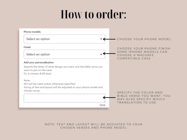 May include: A screenshot detailing the ordering process for a custom phone case. It shows options for phone models, finish, and personalisation, with instructions to specify design, Bible verse, and translation. The background is a light beige colour.