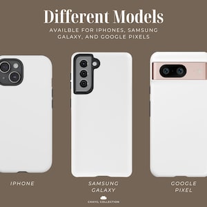 Puede incluir: Tres fundas blancas para smartphone para modelos iPhone, Samsung Galaxy y Google Pixel. El texto dice: Different Models, AVAILBLE FOR IPHONES, SAMSUNG GALAXY, AND GOOGLE PIXELS, IPHONE, SAMSUNG GALAXY, GOOGLE PIXEL y CHAVIL COLLECTION.