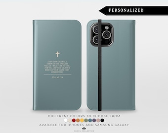 Personalised Phone Case with Bible Verse and Cross | PU Leather Phone Case with Wallet | Folio Flip | iPhone 16 Samsung Galaxy S25