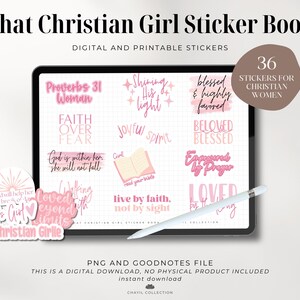 May include: A digital download of 36 printable stickers for a planner or journal. The stickers are pink and white with Christian quotes and sayings. The text on the stickers includes "Proverbs 31 Woman", "Faith Over Fear", "Shining His Light", "Joyful Spirit", "Blessed & Highly Favored", "Beloved Blessed", "God is Within Her, She Will Not Fall", "Walking by Faith", "Loved Beyond Measure", "Live by Faith, Not by Sight", "Engaged by Prayer", "Loved by the King", and "God's Girl".